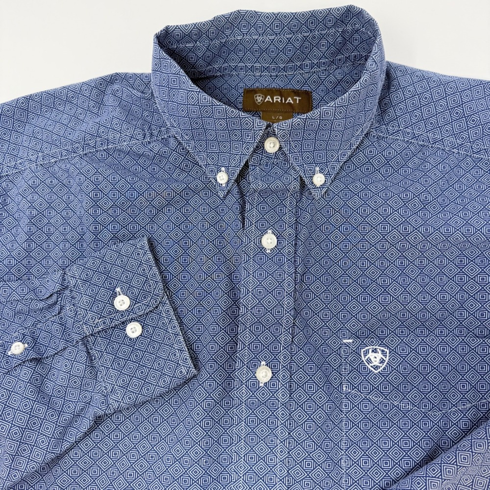 Ariat Mens Blue Geometric Diamond Print Button Down Shirt Large Long Sleeve